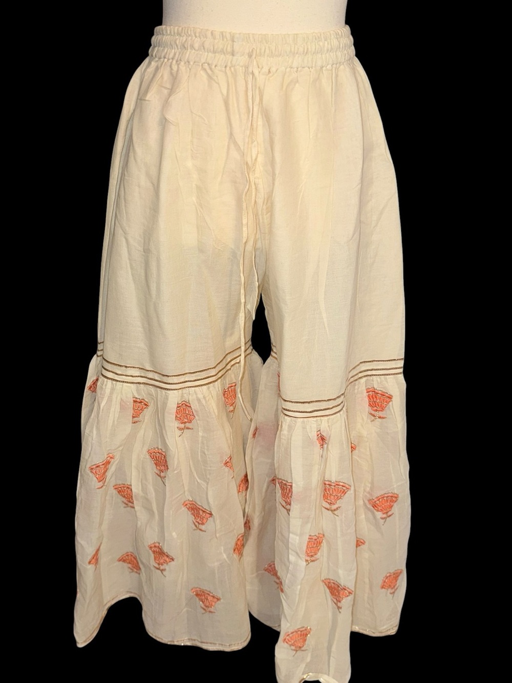 Womens Cream Embroidered Palazzo Pants Orange seashell Gold Trim Boho Wide Leg